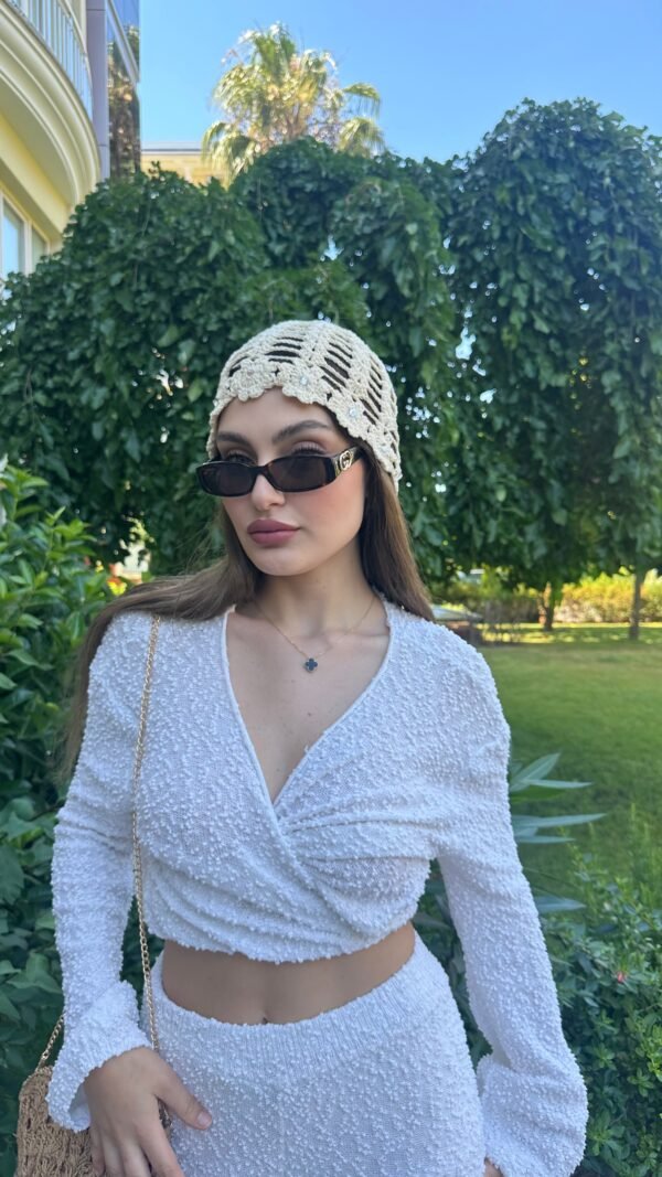 Taşlı File Bere - Ekru